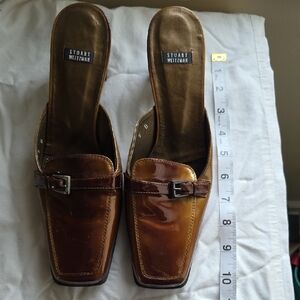 Stuart Weitzman Copper Tan Patent Leather Womens Mule Loafers 9B